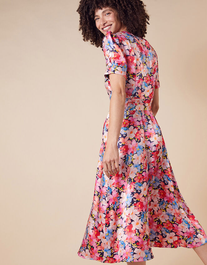 Faith Floral Print Satin Shirt Dress, Blue (NAVY), large