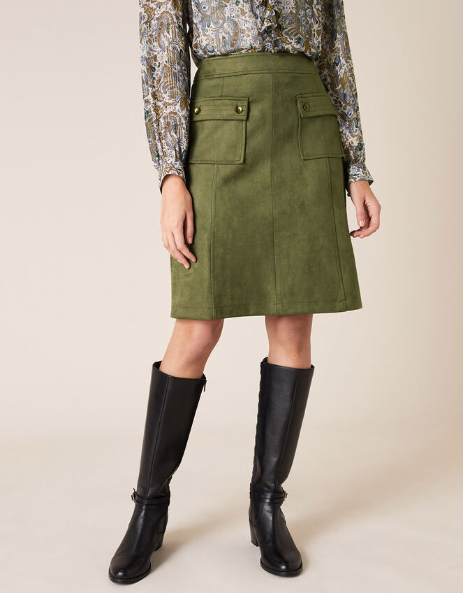 Suedette A-Line Skirt with Recycled Fabric, Green (OLIVE), large