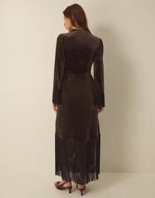 Tegan Long Sleeve Fringe Velvet Maxi Dress, Brown (CHOCOLATE), large