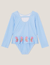 Baby Seahorse Stripe UPF50+ Long Sleeve Swimsuit, Blue (BLUE), large