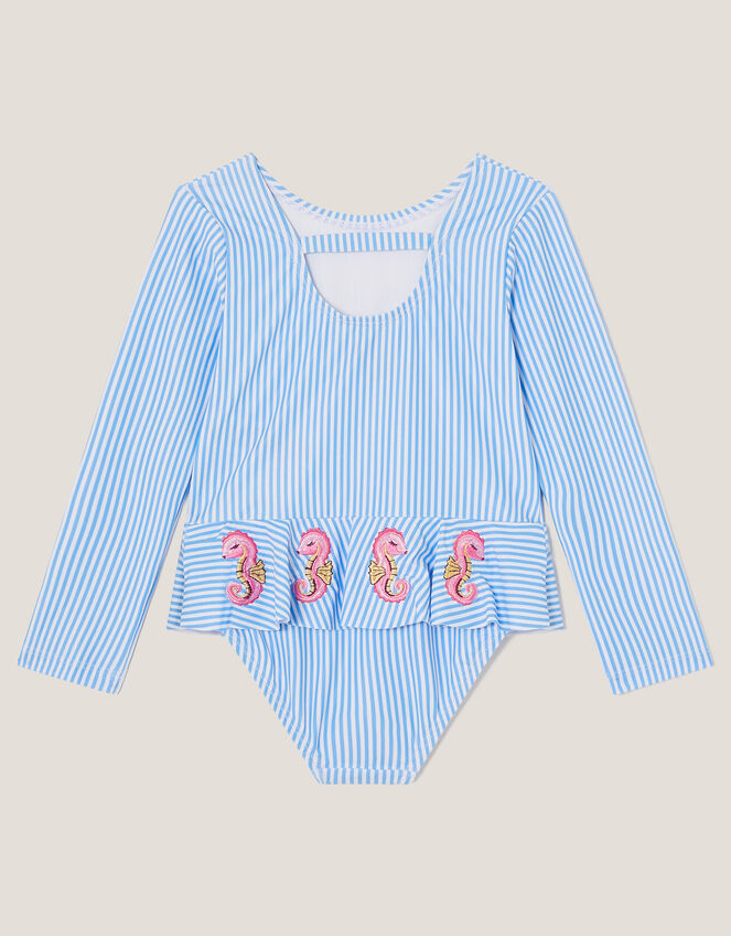 Baby Seahorse Stripe UPF50+ Long Sleeve Swimsuit, Blue (BLUE), large