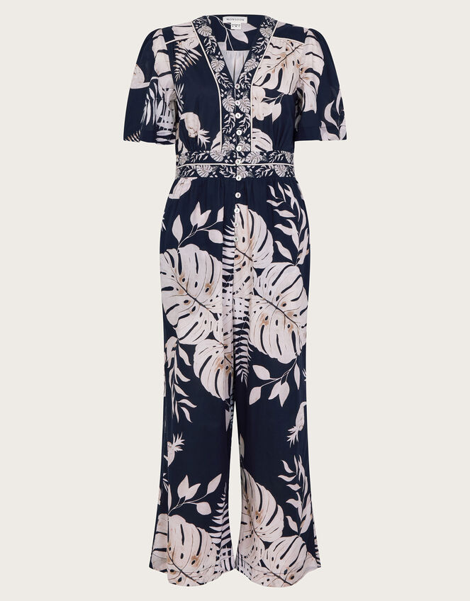 Palm Tree Leaves on Black Jumpsuit With Pockets in Cotton/Linen Blend