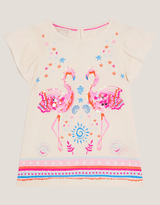 Sequin Flamingo Frilly T-Shirt, Blue (BLUE), large