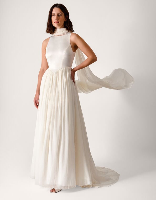 Margo Drop Waist Wedding Dress & Scarf, Ivory (IVORY), large