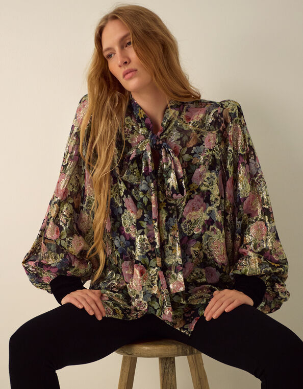 Monsoon x Queens of Archive Patti Metallic Floral Jacquard Blouse​, Black (BLACK), large