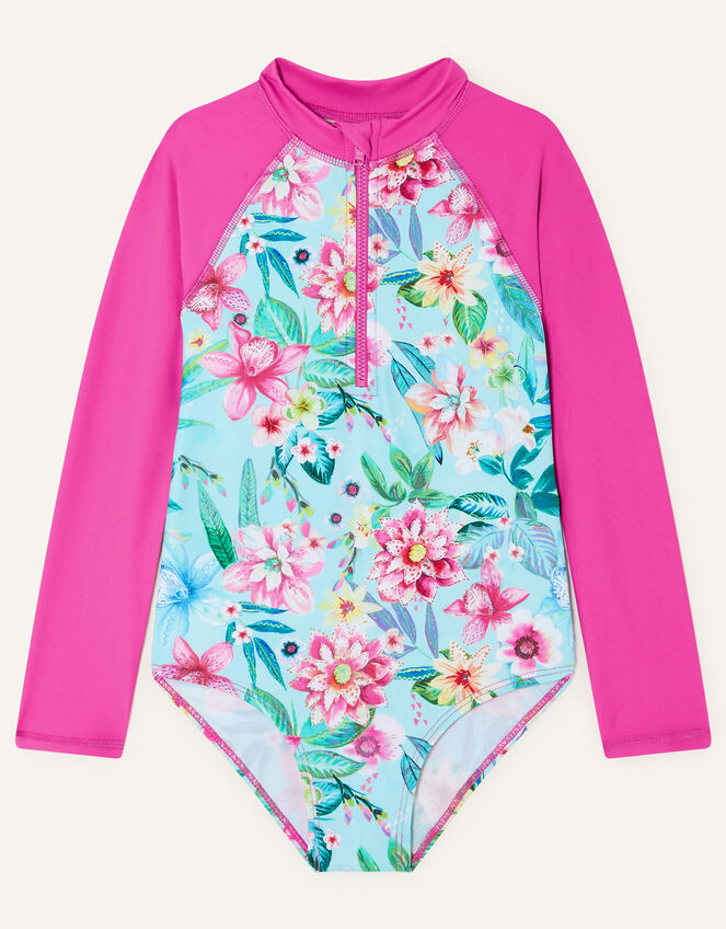 Floral Print Sunsafe Long Sleeve Swimsuit, Blue (TURQUOISE), large