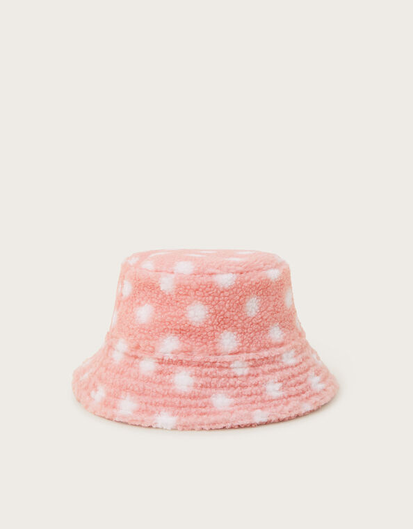 Faux Shearling Polka Dot Bucket Hat, Pink (PINK), large