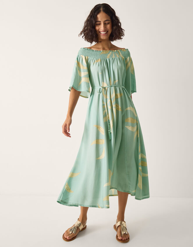 Tashie Sun Print Bardot Midi Dress, Blue (AQUA), large