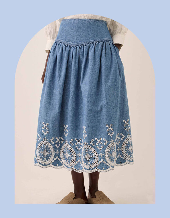 East Coralie Broderie Denim Midi Skirt, Blue (BLUE), large