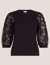 Flavia Sheer Appliqué Sleeve Jersey Top, Black (BLACK), large
