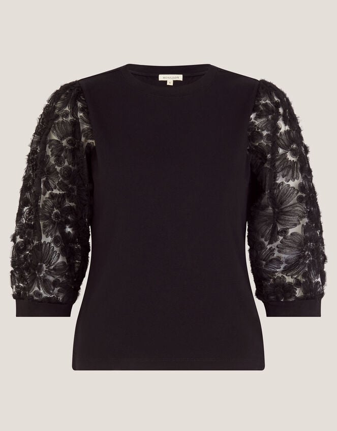 Flavia Sheer Appliqué Sleeve Jersey Top, Black (BLACK), large
