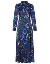 Paisley Print Satin Shirt Dress, Blue (NAVY), large