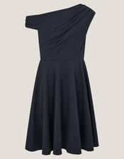 One-Shoulder Drape Skater Dress, Blue (NAVY), large