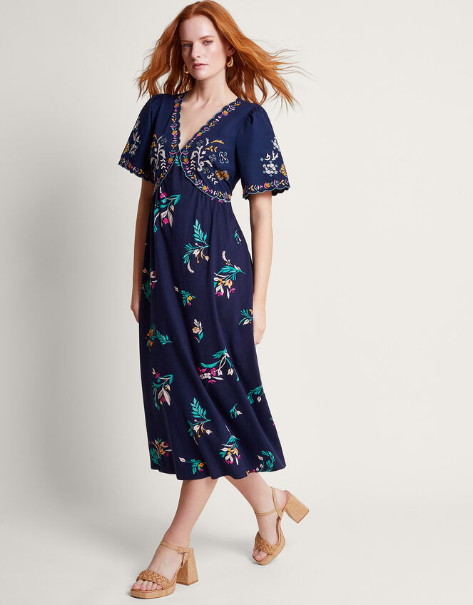Maya Floral Embroidered Midi Dress, Blue (NAVY), large