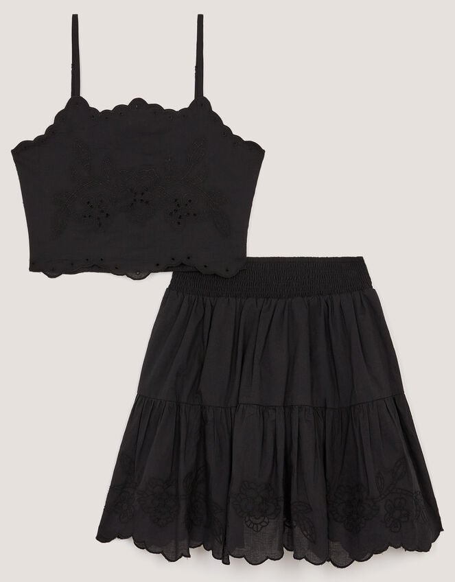 Embroidered Cotton Top & Skirt Set, Black (BLACK), large