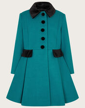 Velvet Trim Skirted Wool Blend Coat, Teal (TEAL), large