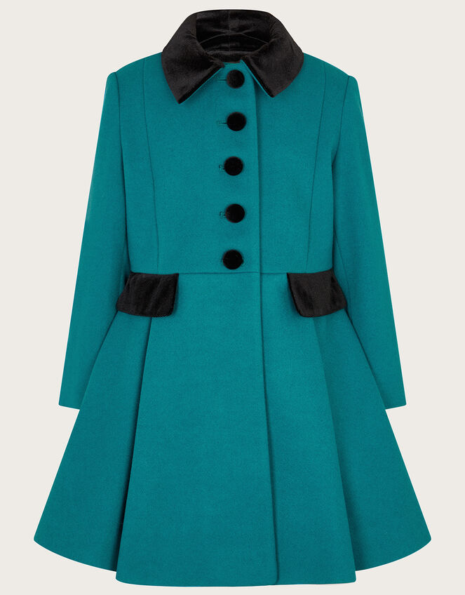 Velvet Trim Skirted Wool Blend Coat, Teal (TEAL), large