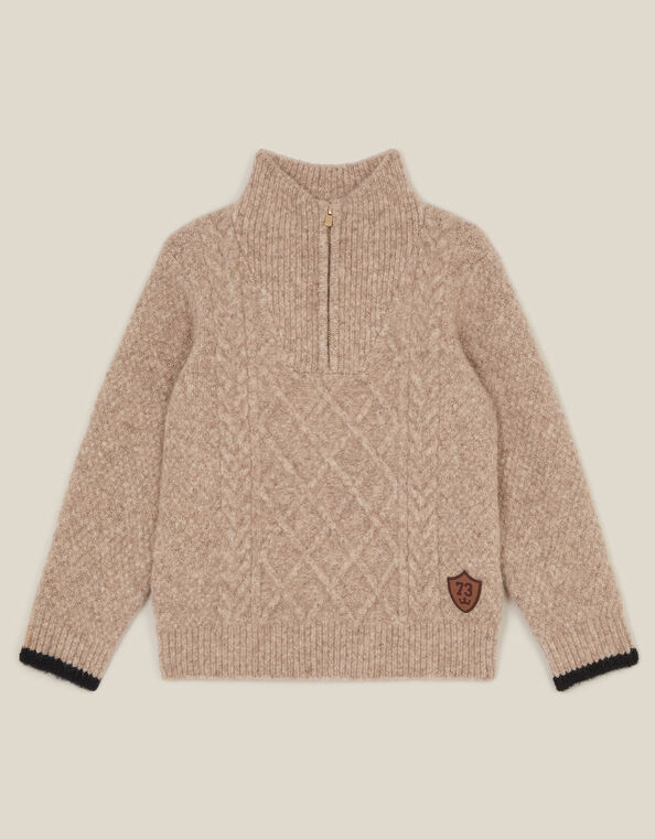 Cable Knit Half Zip Jumper, Camel (OATMEAL), large