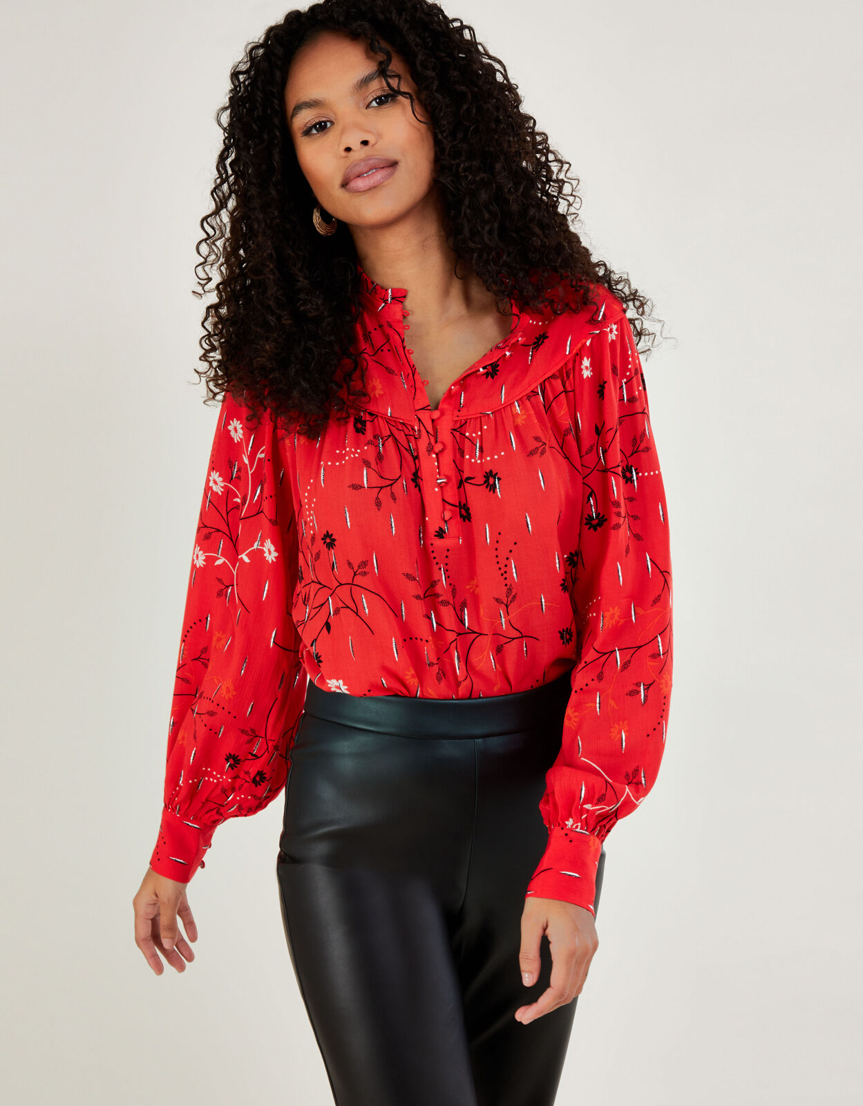 Remi Metallic Print Floral Blouse Red