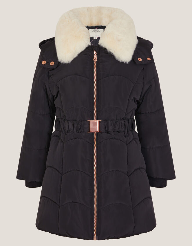 Fluffy Collar Belted Puffer Coat, Black (BLACK), large