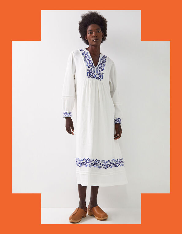 East Tamara Floral Embroidered Midi Dress, White (WHITE), large