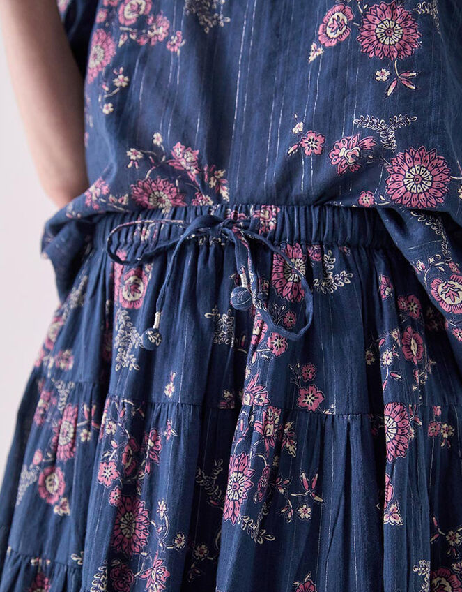 East Layla Floral Print Cotton Midi Skirt, Blue (BLUE), large