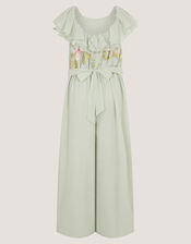 Azalea Floral Embroidered Ruffle Jumpsuit, Green (SAGE), large