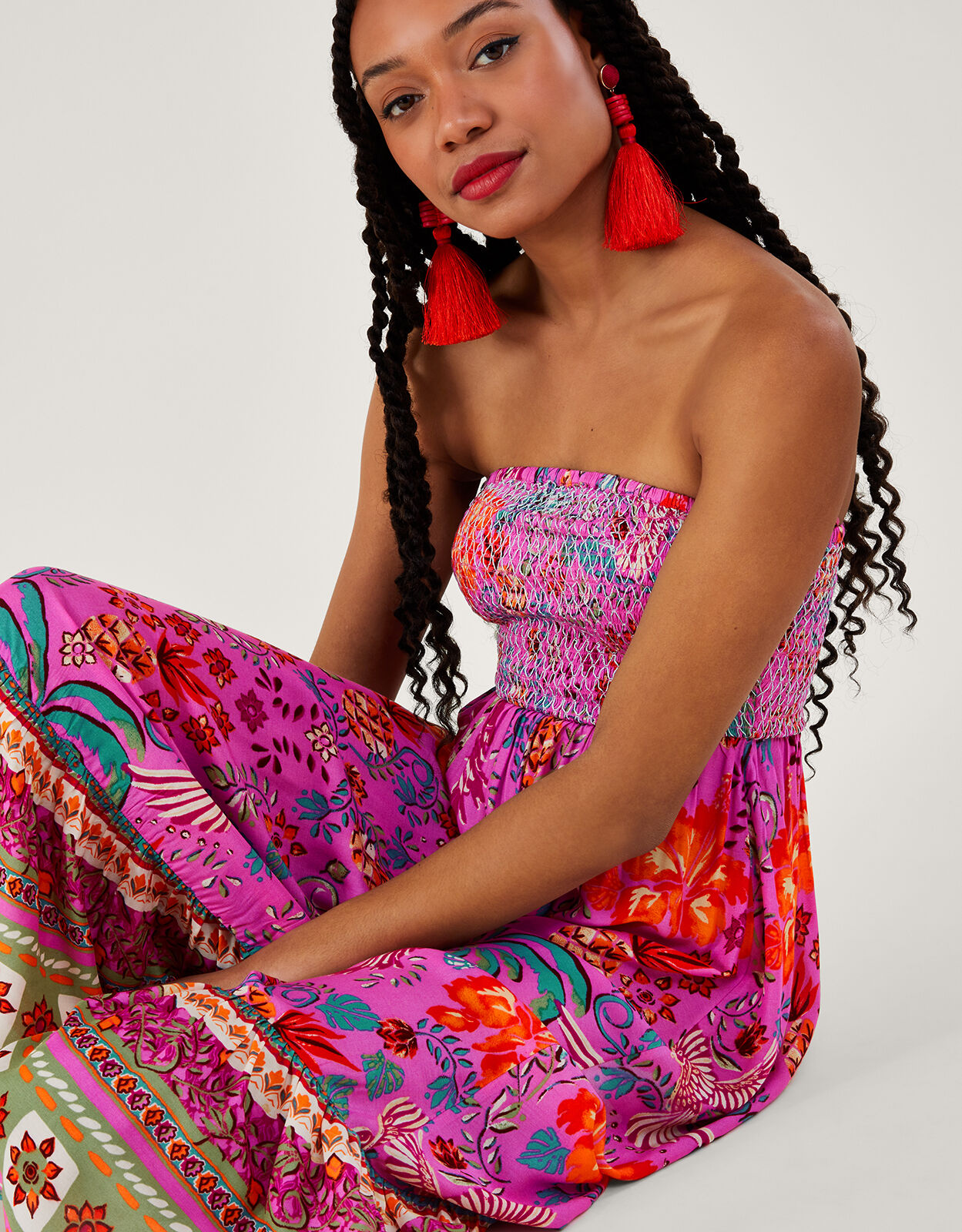 Bandeau Palm Print Dress in LENZING ECOVERO Pink