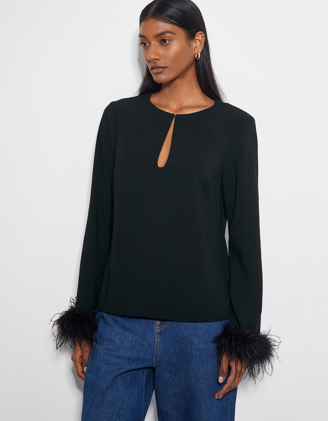Tiggy Long Sleeve Feather Top Black