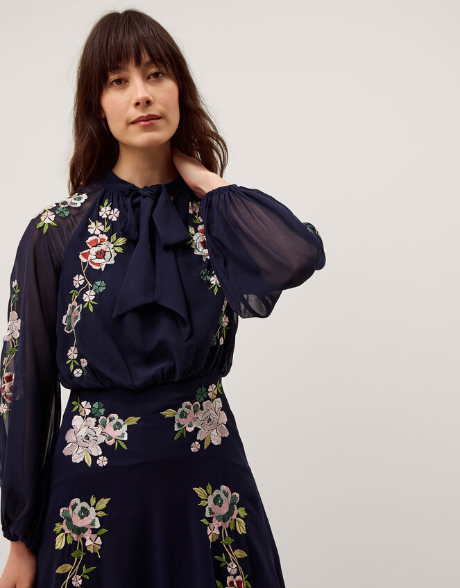 Annika Floral Embroidered Chiffon Midi Dress Blue