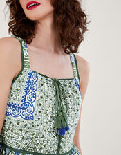 Floral Print Sleeveless Midi Dress, Green (KHAKI), large