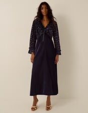 Stevie V-Neck Foil Polka Dot Velvet Midi Dress, Blue (MIDNIGHT), large