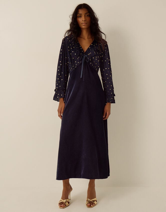 Stevie V-Neck Foil Polka Dot Velvet Midi Dress, Blue (MIDNIGHT), large