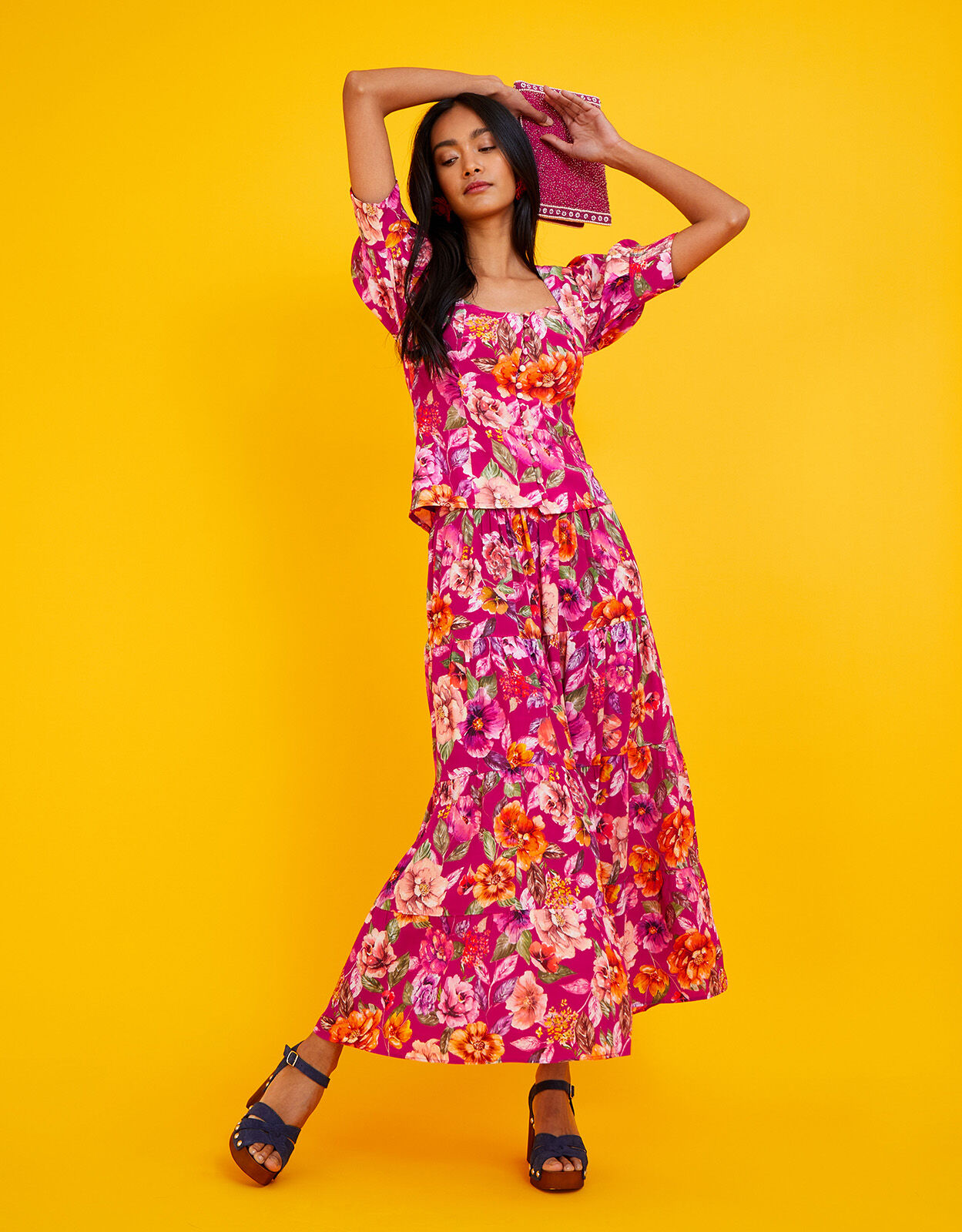 Pink floral long skirt sale