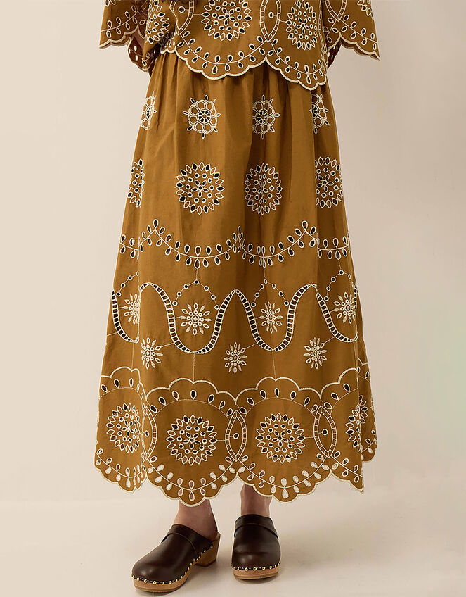 East Leni Floral Broderie Cotton Poplin Skirt, Green (OLIVE), large