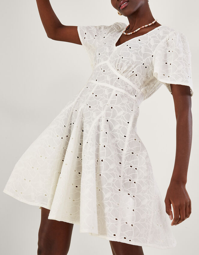 Schiffli V-Neck Pleated Short Dress, White (WHITE), large
