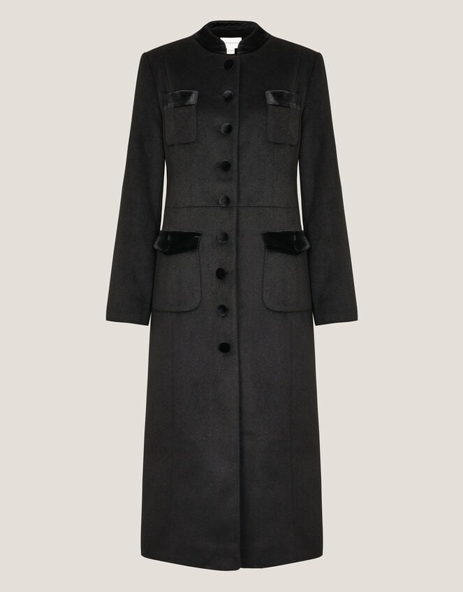 Viv Velvet Trim Military Coat, Black (BLACK), large
