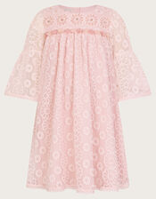 Floral Embroidered Flute Sleeve Dress, Pink (PINK), large