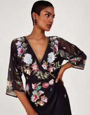 Josie Embroidered Wrap Dress, Black (BLACK), large