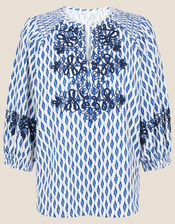 Ikat Embroidered Top in Organic Cotton, Ivory (IVORY), large