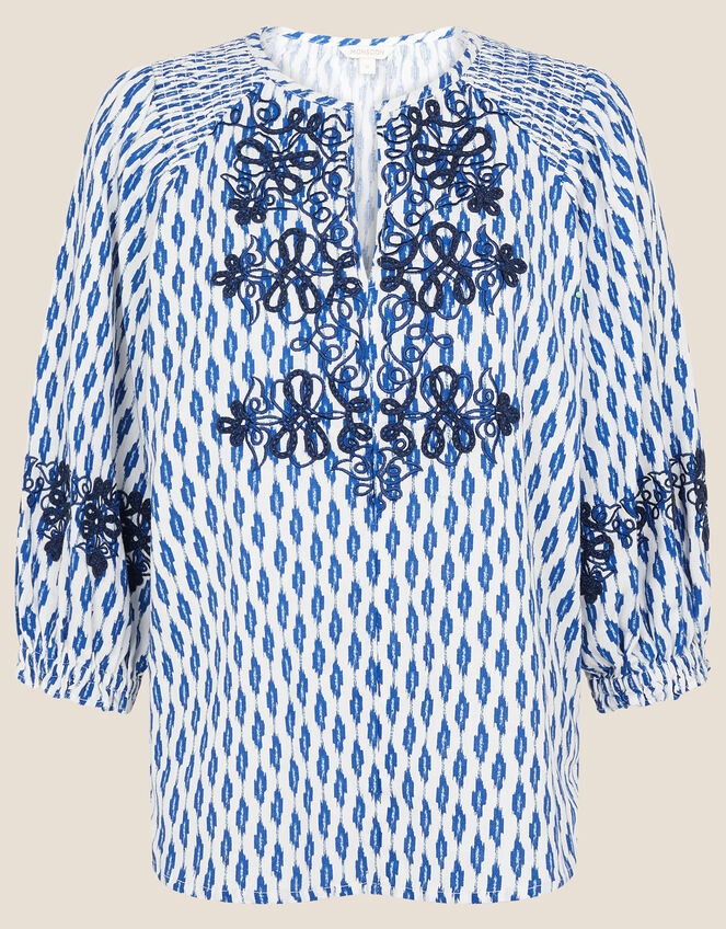 Ikat Embroidered Top in Organic Cotton, Ivory (IVORY), large