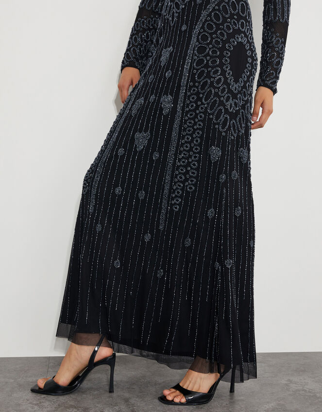 Lorelai Beaded Long Sleeve Maxi Dress, Black (BLACK), large