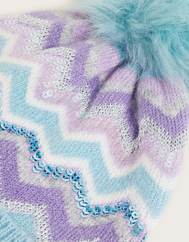 Zig-Zag Sparkle Pom-Pom Hat, Blue (BLUE), large