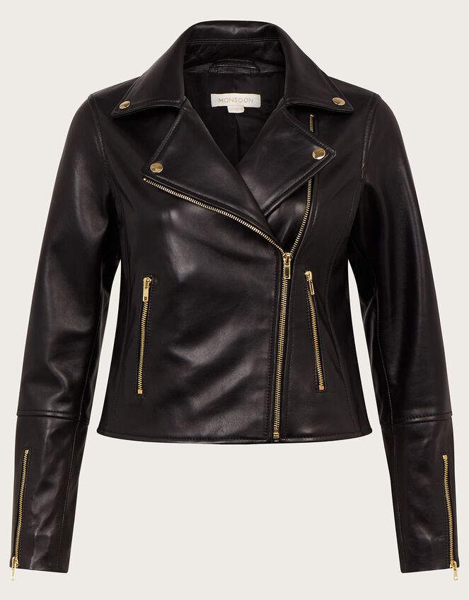 Leather Biker Jacket , Black (BLACK), large