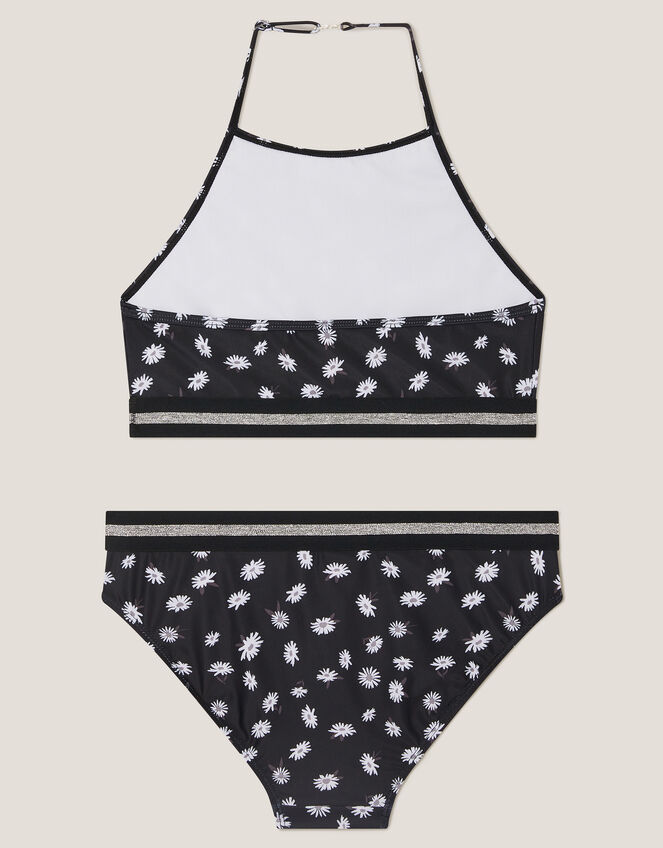 Daisy Print Halter Bikini Set, Black (BLACK), large