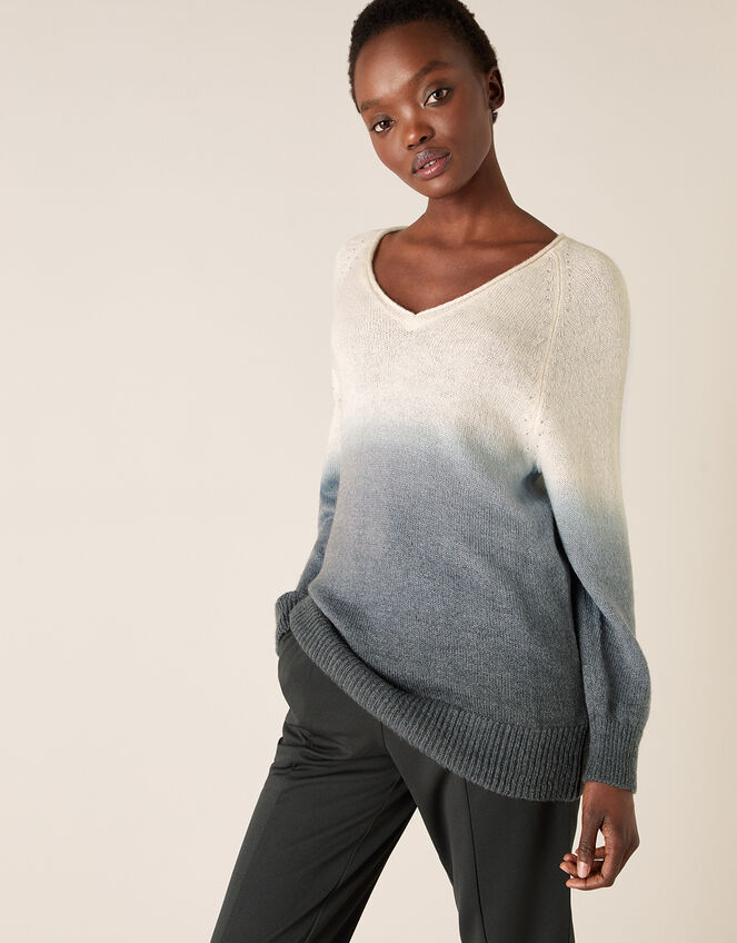 V-Neck Dip-Dye Knit Jumper, Grey (GREY), large