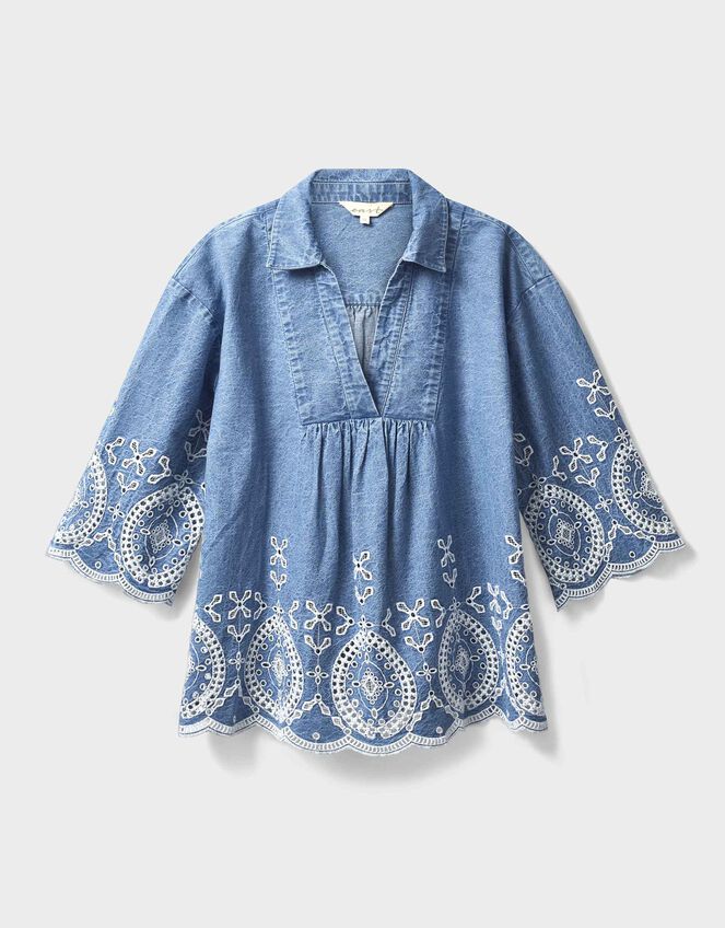 East Coralie Broderie Denim Top, Blue (BLUE), large