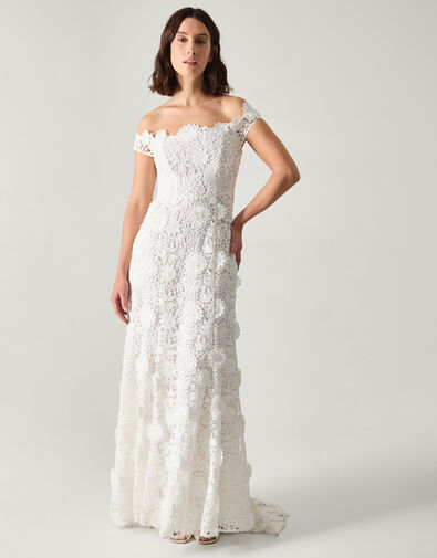 Clare Floral Embroidered Bardot Wedding Dress, Ivory (IVORY), large