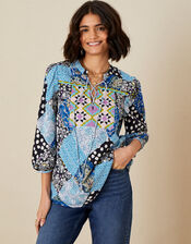 Patchwork Print Top, Blue (BLUE), large