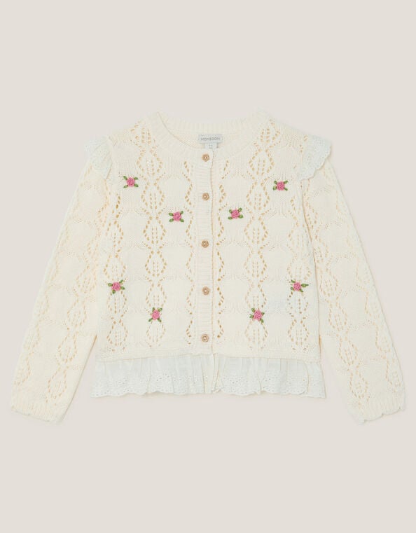 Embroidered Frill Pointelle Cardigan, Ivory (IVORY), large
